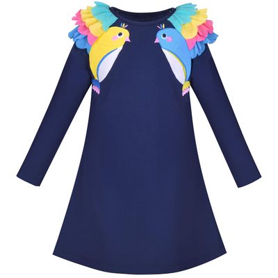 Sunny Fashion Girls Dress Navy Blue Long Sleeve Ruffle Shoulder Casual Cotton Size 5