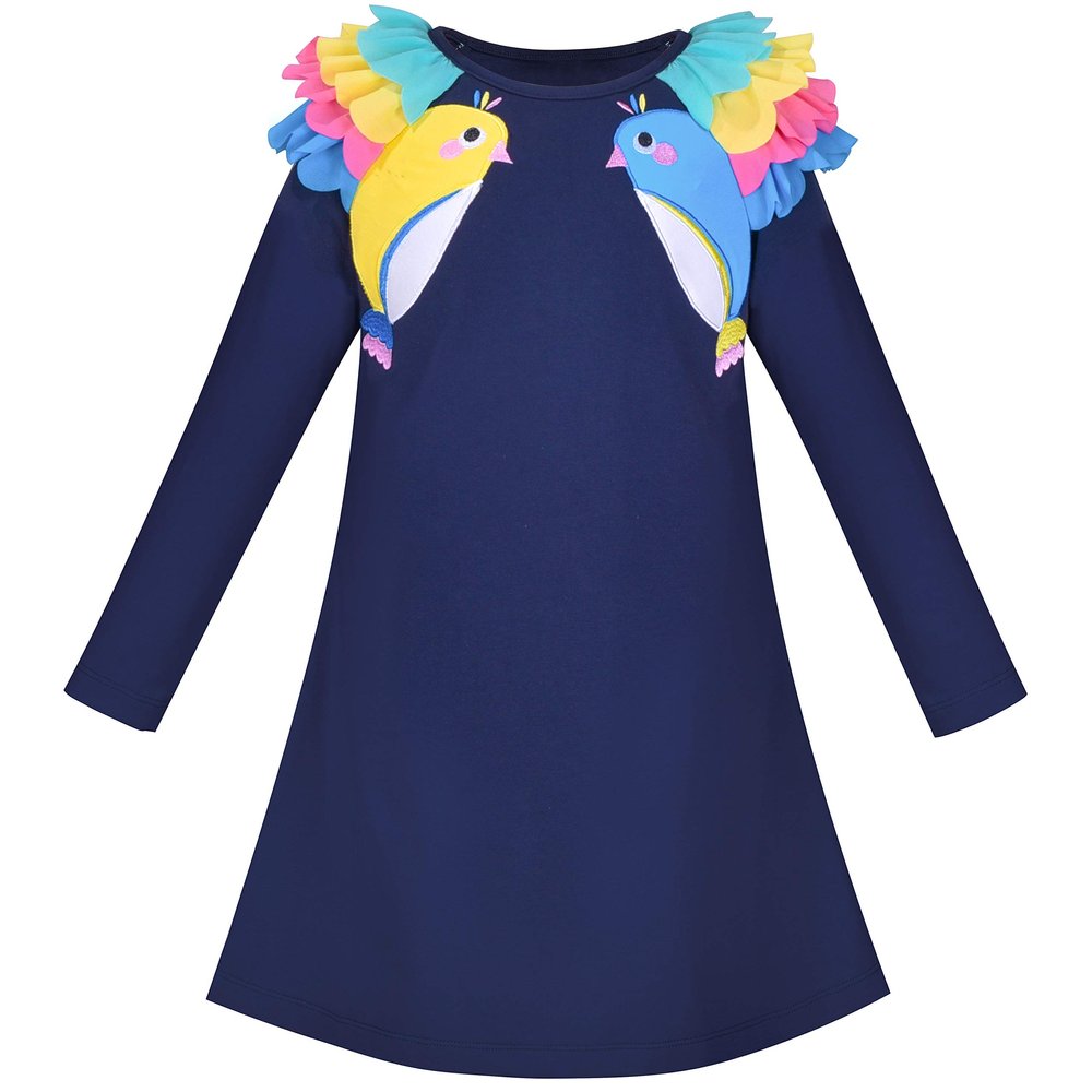 Sunny Fashion Girls Dress Navy Blue Long Sleeve Ruffle Shoulder Casual Cotton Size 5