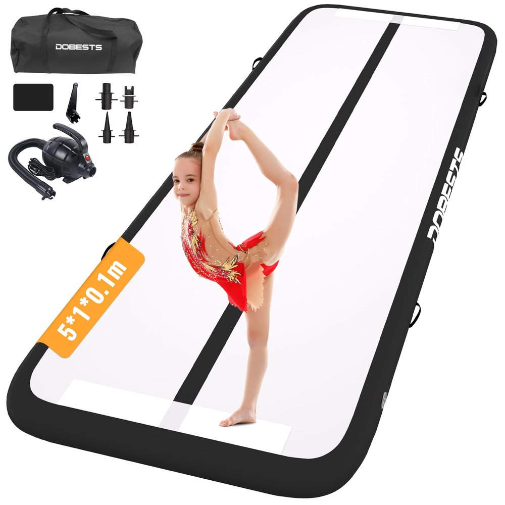 Air Gymnastics Track Tumbling Mat Inflatable 10ft 13ft 16ft 20ft Yoga Training Mat 4 In Thickness for Home/Training/Cheerleading/Yoga/Water Fun (Black,5m)