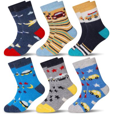 Eocom 6 Pairs Children's Winter Warm Wool Animal Crew Socks Kids Boys Girls Socks (Car, 1-3T)