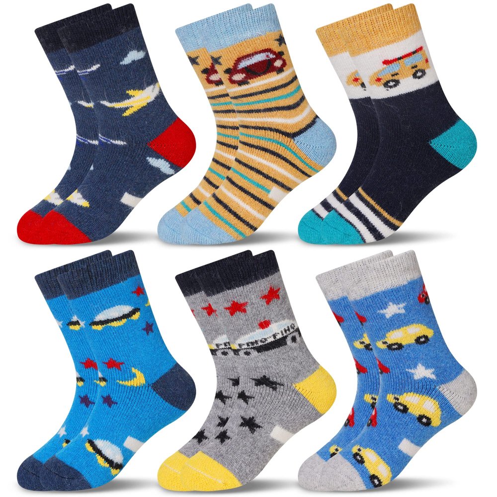 Eocom 6 Pairs Children's Winter Warm Wool Animal Crew Socks Kids Boys Girls Socks (Car, 1-3T)