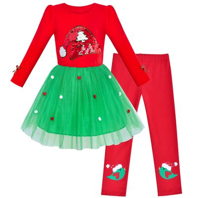 Girls Outfit Set Cotton Dress Leggings Santa Hat Size 5