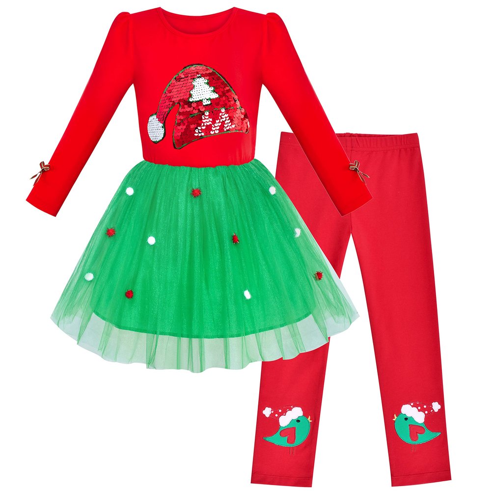 Girls Outfit Set Cotton Dress Leggings Santa Hat Size 5