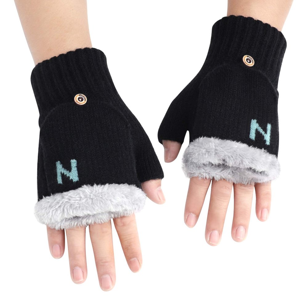 Women Girls Gloves Half Finger Texting Warm Snow Smartphone Mittens Gloves (Black1)