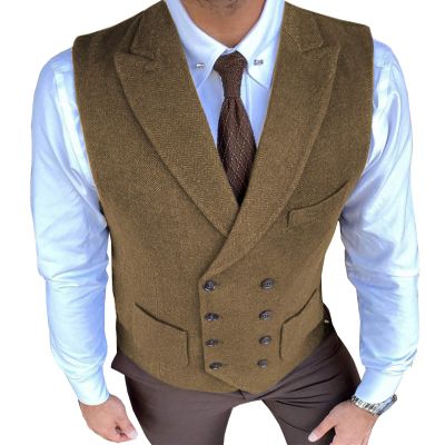 Aesido Classic Men's Waistcoat Slim Fit Tweed Wool Herringbone V Neck Double Breasted Formal Vest for Wedding Groomsmen(Brown,M)