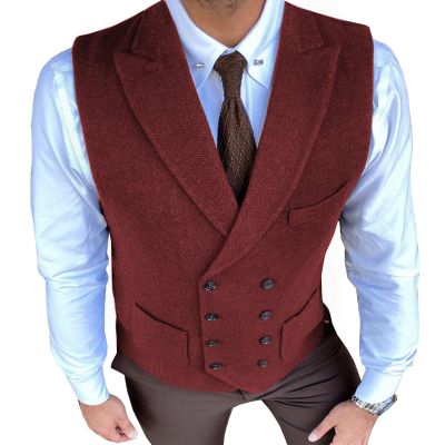 Aesido Classic Men's Waistcoat Slim Fit Tweed Wool Herringbone V Neck Double Breasted Formal Vest for Wedding Groomsmen(Burgundy,S)