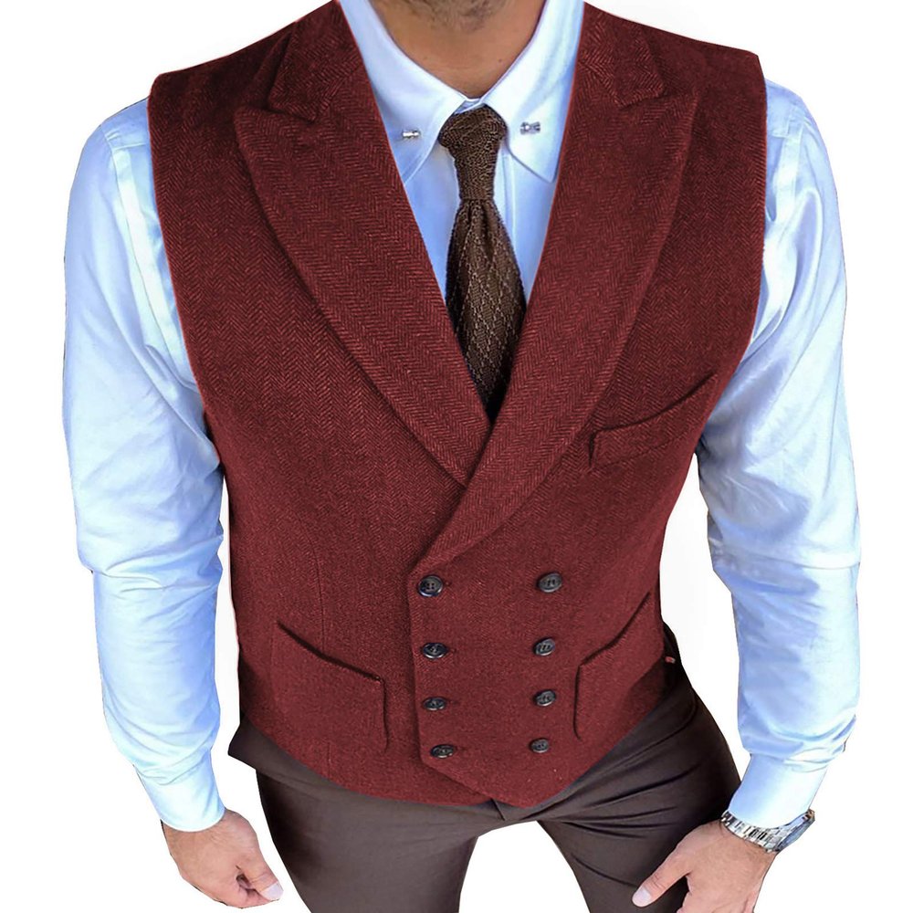 Aesido Classic Men's Waistcoat Slim Fit Tweed Wool Herringbone V Neck Double Breasted Formal Vest for Wedding Groomsmen(Burgundy,S)