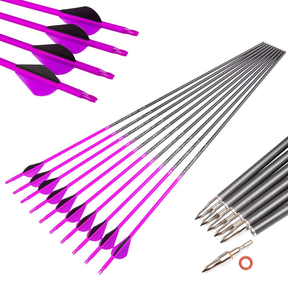 Pinals Archery Hunting 30 inch 400 Spine Arrows for Compound Bows Recurve Longbow Targets Carbon Shafts 12PCS(Purple 400)