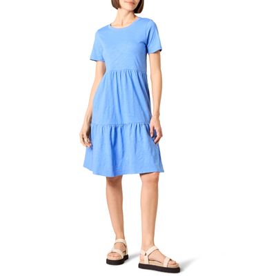 Amazon Essentials Women's Short-Sleeve Crewneck Tiered Dress, Blue, Large