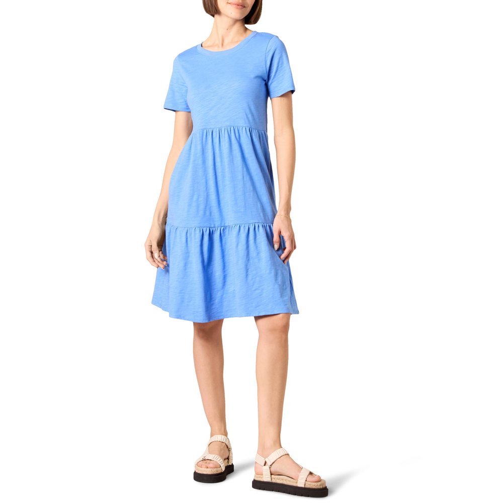Amazon Essentials Women's Short-Sleeve Crewneck Tiered Dress, Blue, Large