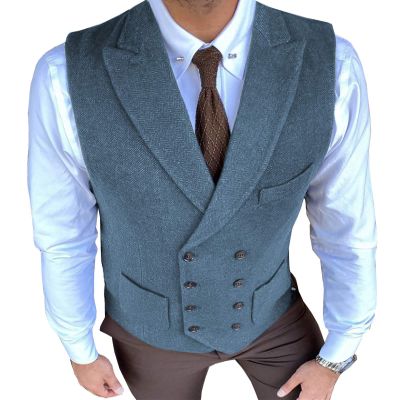 Aesido Classic Men's Waistcoat Slim Fit Tweed Wool Herringbone V Neck Double Breasted Formal Vest for Wedding Groomsmen(Light Navy,S)