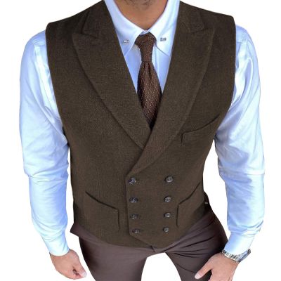 Aesido Classic Men's Waistcoat Slim Fit Tweed Wool Herringbone V Neck Double Breasted Formal Vest for Wedding Groomsmen(Coffee,XXL)