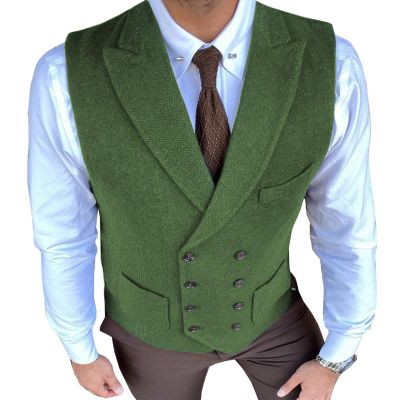 Aesido Classic Men's Waistcoat Slim Fit Tweed Wool Herringbone V Neck Double Breasted Formal Vest for Wedding Groomsmen(Green,M)