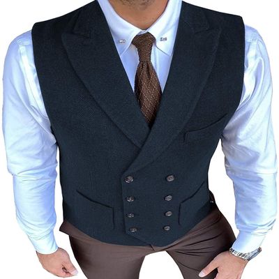 Aesido Classic Men's Waistcoat Slim Fit Tweed Wool Herringbone V Neck Double Breasted Formal Vest for Wedding Groomsmen(Navy,L)