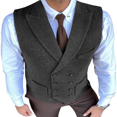 Aesido Classic Men's Waistcoat Slim Fit Tweed Wool Herringbone V Neck Double Breasted Formal Vest for Wedding Groomsmen(Black,M)