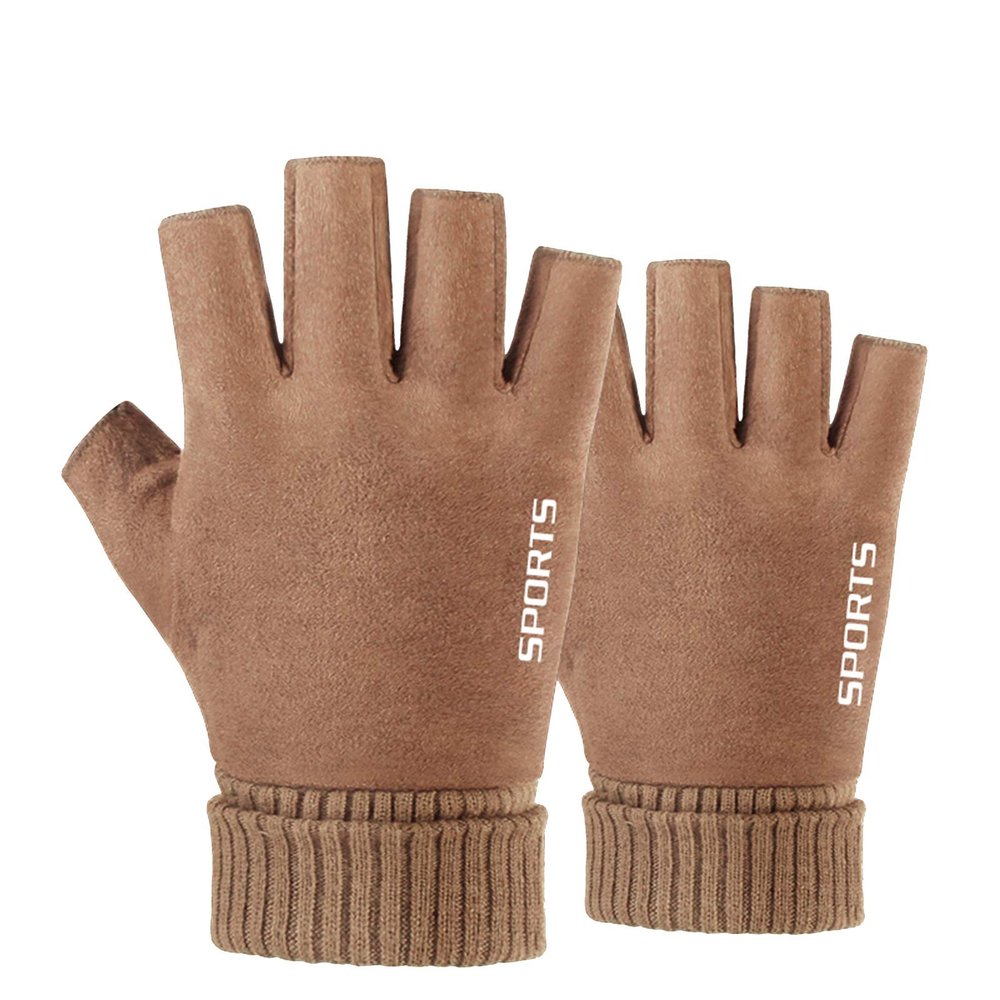Thick Warm Fingerless Gloves Unisex Winter Stretchy Knit Half Finger Gloves (Color : Brown)