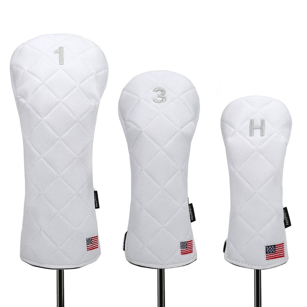Golf Head Covers (3PCS) Driver Fairway #3 Hybrid USA Flag for Club Men Women (White)