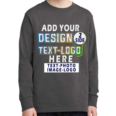 Custom Add Your Text Design Image Photo Two Sided Youth Girl Boy Personalized Long Sleeve Shirt Charcoal