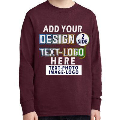 Custom Add Your Text Design Image Photo Two Sided Youth Girl Boy Personalized Long Sleeve Shirt Maroon