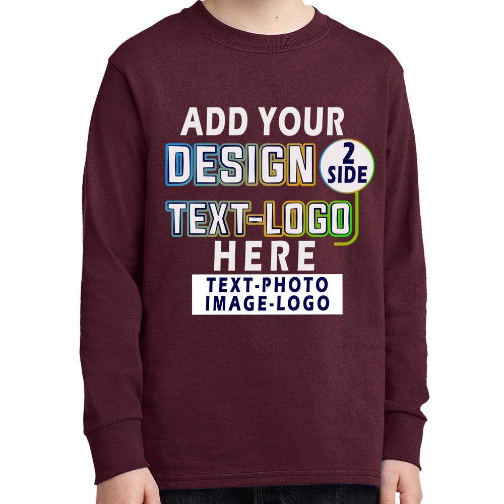 Custom Add Your Text Design Image Photo Two Sided Youth Girl Boy Personalized Long Sleeve Shirt Maroon