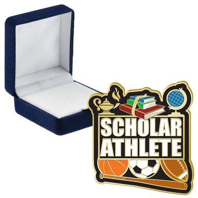 Crown Awards Scholar Athlete Pins, Scholar Athlete Pin with Blue Velvet Presentation Case, 50 Pack, Prime