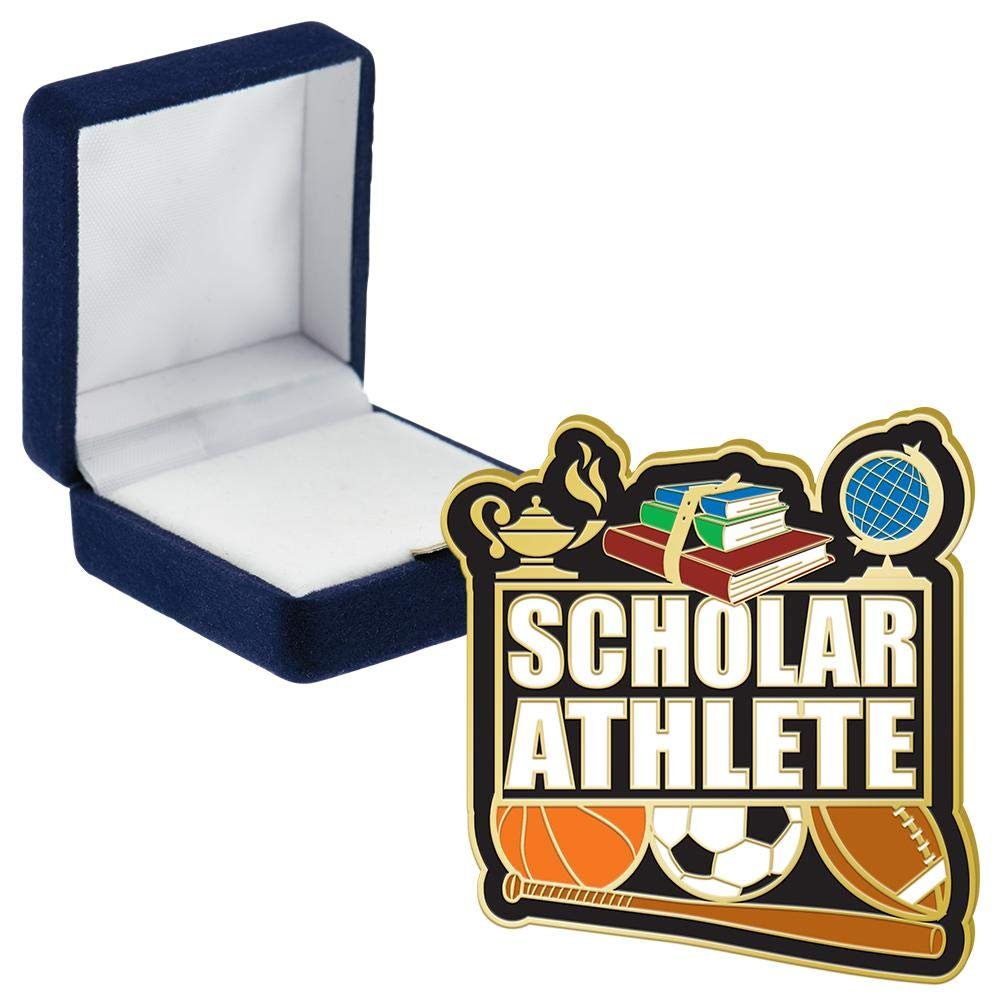 Crown Awards Scholar Athlete Pins, Scholar Athlete Pin with Blue Velvet Presentation Case, 50 Pack, Prime