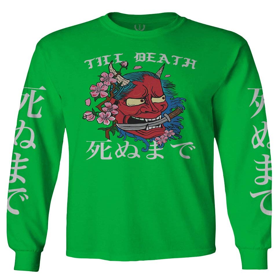 0249. Demon Graphic Traditional Japanese Till Death Anime Aesthetics Society Men's Long Sleeve t Shirt (Irish Green 2X Large)
