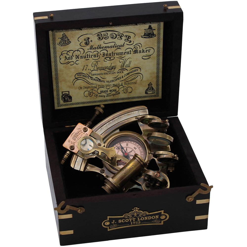US HANDICRAFTS Handmade Brass Astrolabe Sextant with Built-in Compass & Hardwood Box  Vintage Maritime Navigation Instrument, Antique Nautical Decor & Gift for Collectors