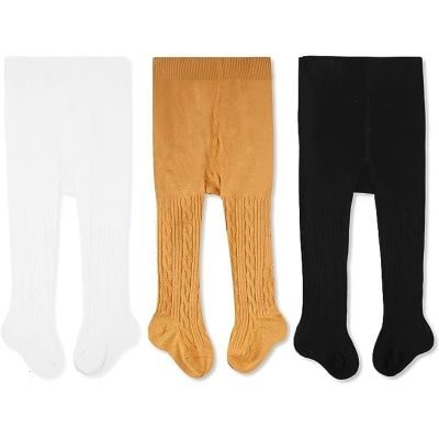 CozyWay Baby Boy Tights - Cable Knit Infant Leggings - Soft Cotton Baby Apparel for Boys & Girls - 0-3 Months, White Black Mustard, 3 Pack, Seamless