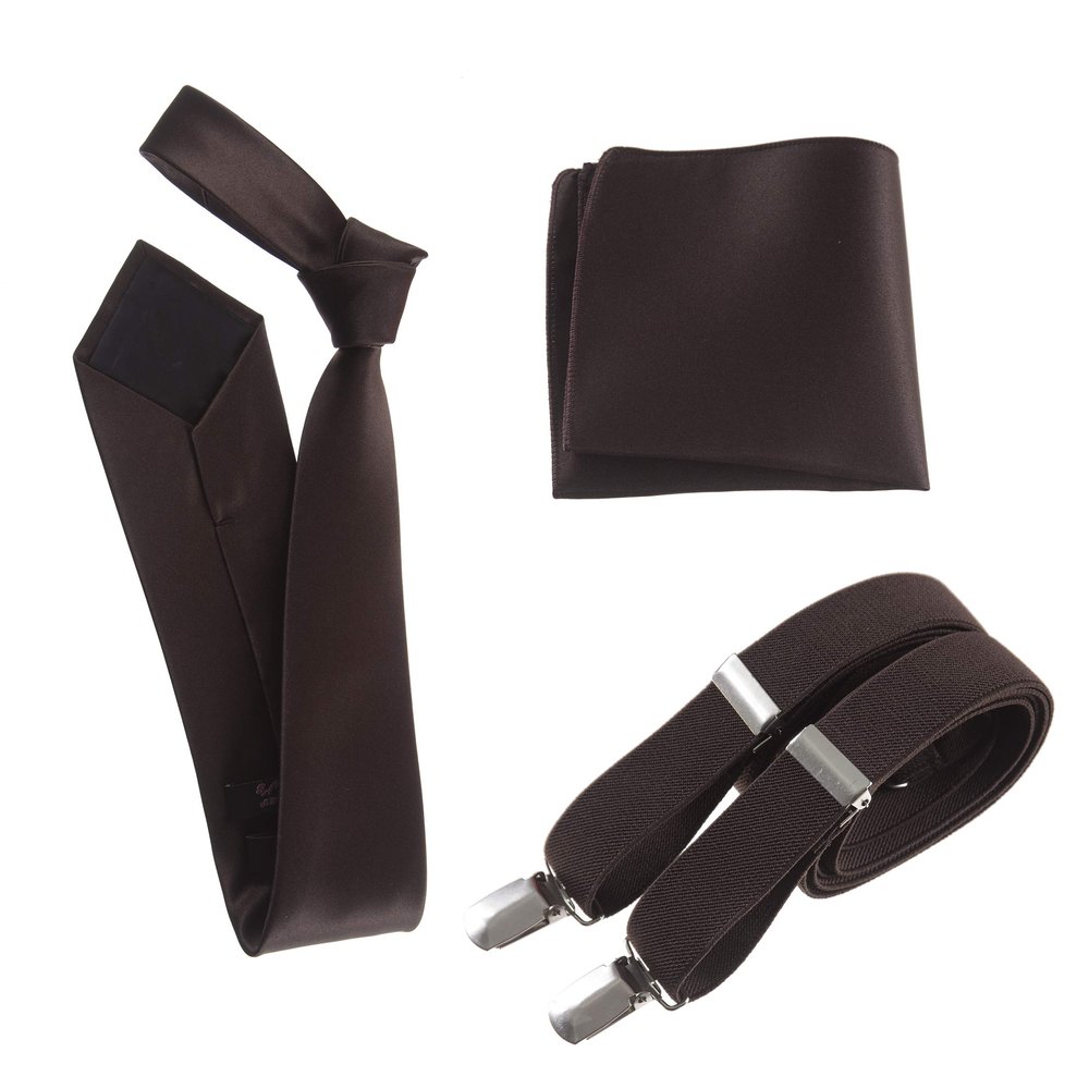 Tuxgear Mens Self Tie Necktie Suspender and Pocket Square, (Mens, Chocolate Brown)