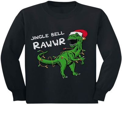 Tstars Christmas Shirt for Kids Jingle Bell Rawr T Rex Santa Toddler Kids Long Sleeve T-Shirt 3T Black