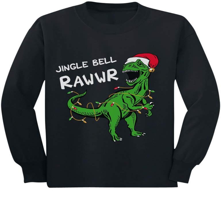 Tstars Christmas Shirt for Kids Jingle Bell Rawr T Rex Santa Toddler Kids Long Sleeve T-Shirt 3T Black