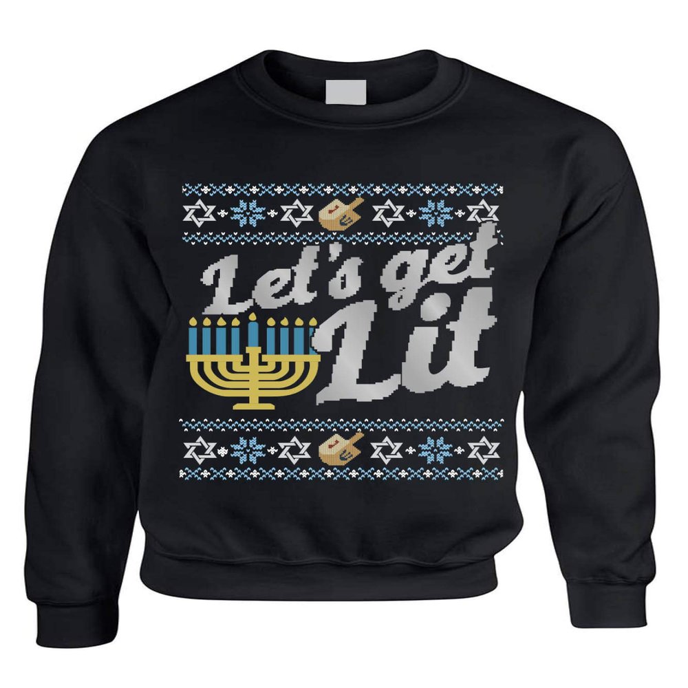 ALLNTRENDS Adult Sweatshirt Let's Get Lit Hanukkah Ugly Sweater Funny Jewish Top (2XL, Black)