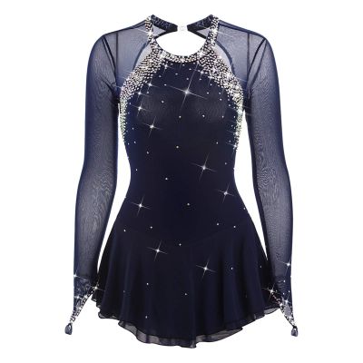 Figure Skating Dress Women Competition Open Back Skating Skirt,Dark Blue,16