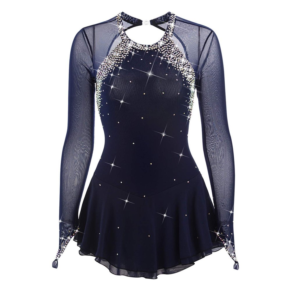 Figure Skating Dress Women Competition Open Back Skating Skirt,Dark Blue,16