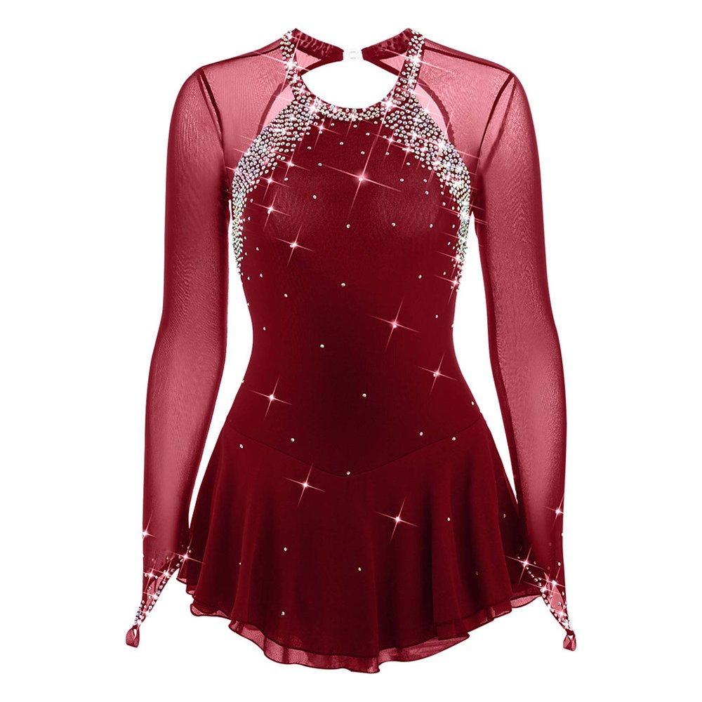 Figure Skating Dress Women Competition Open Back Skating Skirt,Red,14
