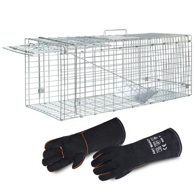 ANT MARCH Live Animal Cage Trap with Gloves 37"x13.5"x14.5" Large Steel Humane Release Rodent Cage for Rabbits, Stray Cat, Squirrel, Raccoon, Mole, Gopher, Opossum, Skunk, Chipmunks, Groundhog Squire