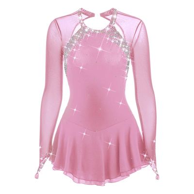Figure Skating Dress Women Competition Open Back Skating Skirt,Blushing Pink,16