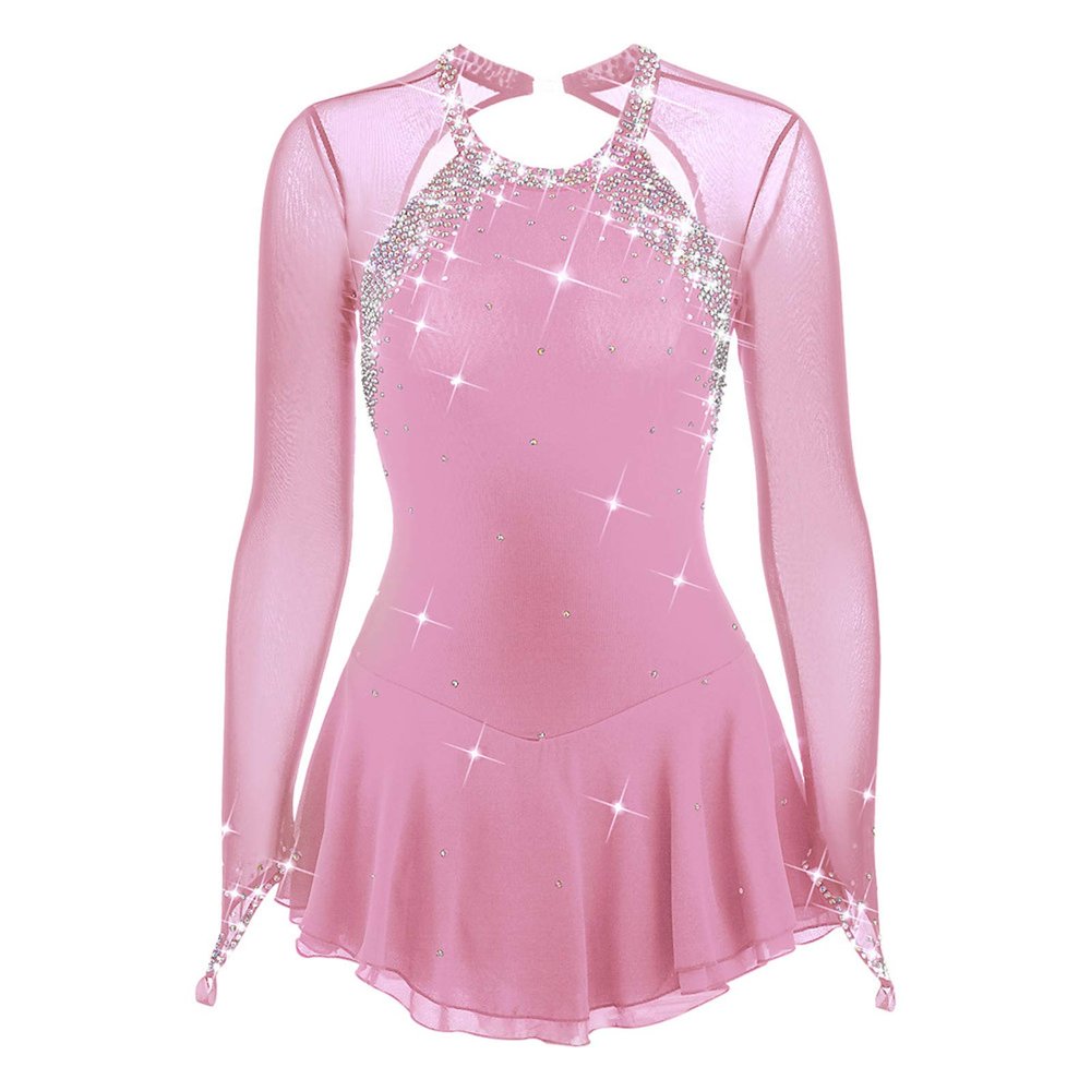 Figure Skating Dress Women Competition Open Back Skating Skirt,Blushing Pink,16