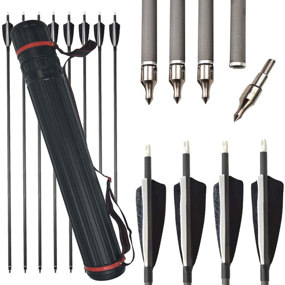 AMEYXGS 6/12pcs Carbon Arrows 34inch Practice Arrow with True Feathers and Detachable Arrow Tips 500 Spine Shooting Practice Arrows for Compound Bow Recurve Bow (12 pcs Arrow and Quiver)
