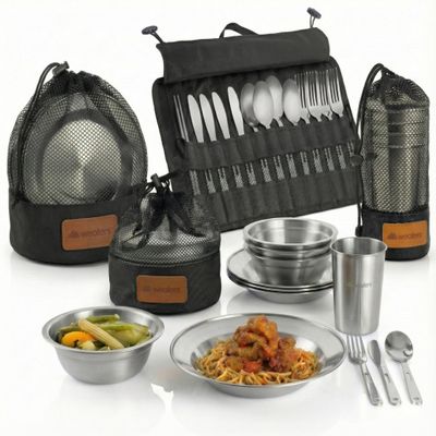 Wealers Unique Complete Messware Kit Polished Stainless Steel Dishes Set| Tableware| Dinnerware| Camping| Buffet| Includes - Cups | Plates| Bowls| Cutlery| Comes in Mesh Bags (4 Person Set) (Black)