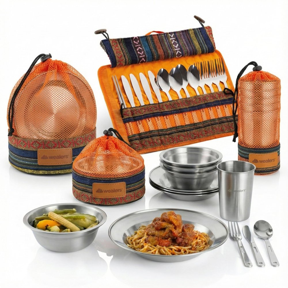 Wealers Unique Complete Messware Kit Polished Stainless Steel Dishes Set| Tableware| Dinnerware| Camping| Buffet| Includes - Cups | Plates| Bowls| Cutlery| Comes in Mesh Bags (4 Person Set) (Orange)