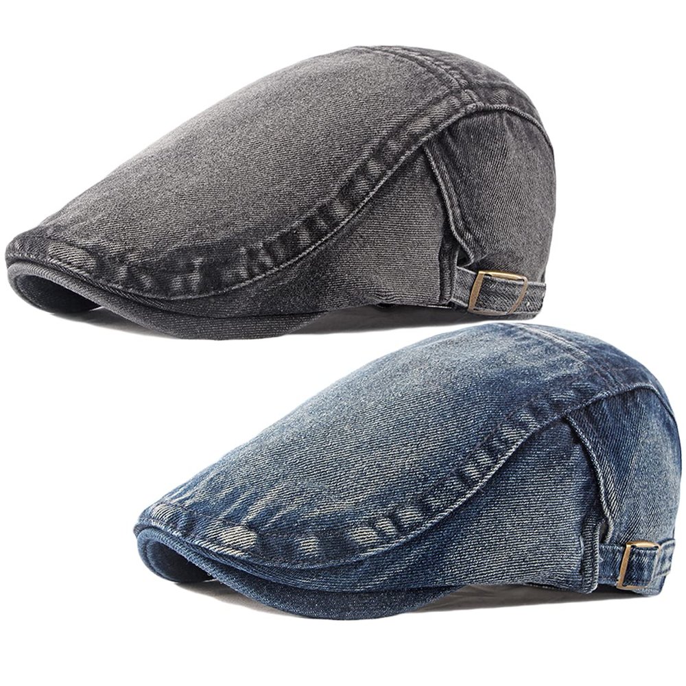 2 Pack Mens Denim Cotton Newsboy Cap Ivy Gatsby Driving Hunting Cabbie Hats (G)