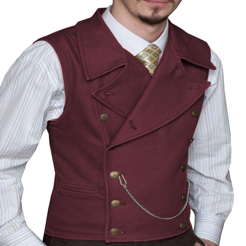 Tuikayoo Mens Suit Vest Suede Double Breasted Classic Groomsmen Wedding Waistcoat Leather Big Lapel(Medium, Burgundy)