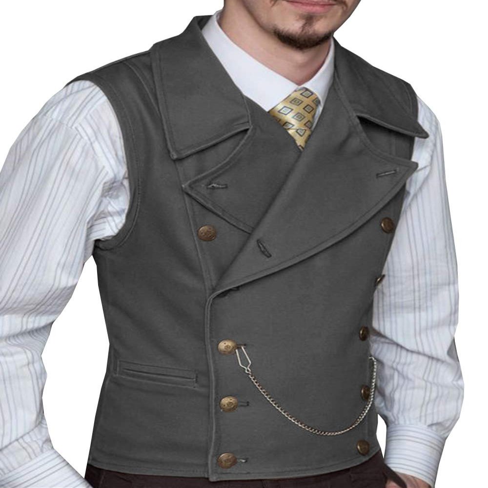 Mens Suit Vest Suede Double Breasted Classic Groomsmen Wedding Waistcoat Leather Big Lapel(XX-Large, Grey)