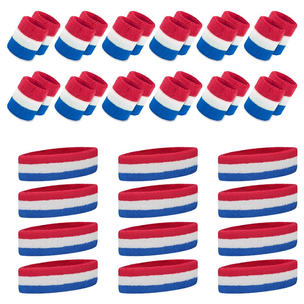 TOPTIE 36 PCS Sweatbands Set, Cotton Sports Sweat Band (12 Headbands & 24 Wristbands)-Red/White/Blue