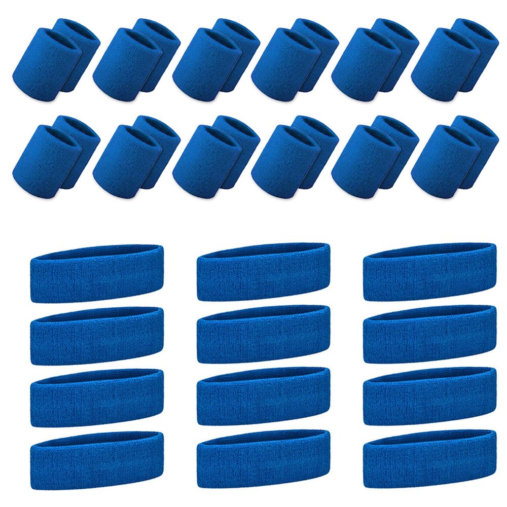 TOPTIE 36 PCS Sweatbands Set, Cotton Sports Sweat Band (12 Headbands & 24 Wristbands)-Royal Blue One Size