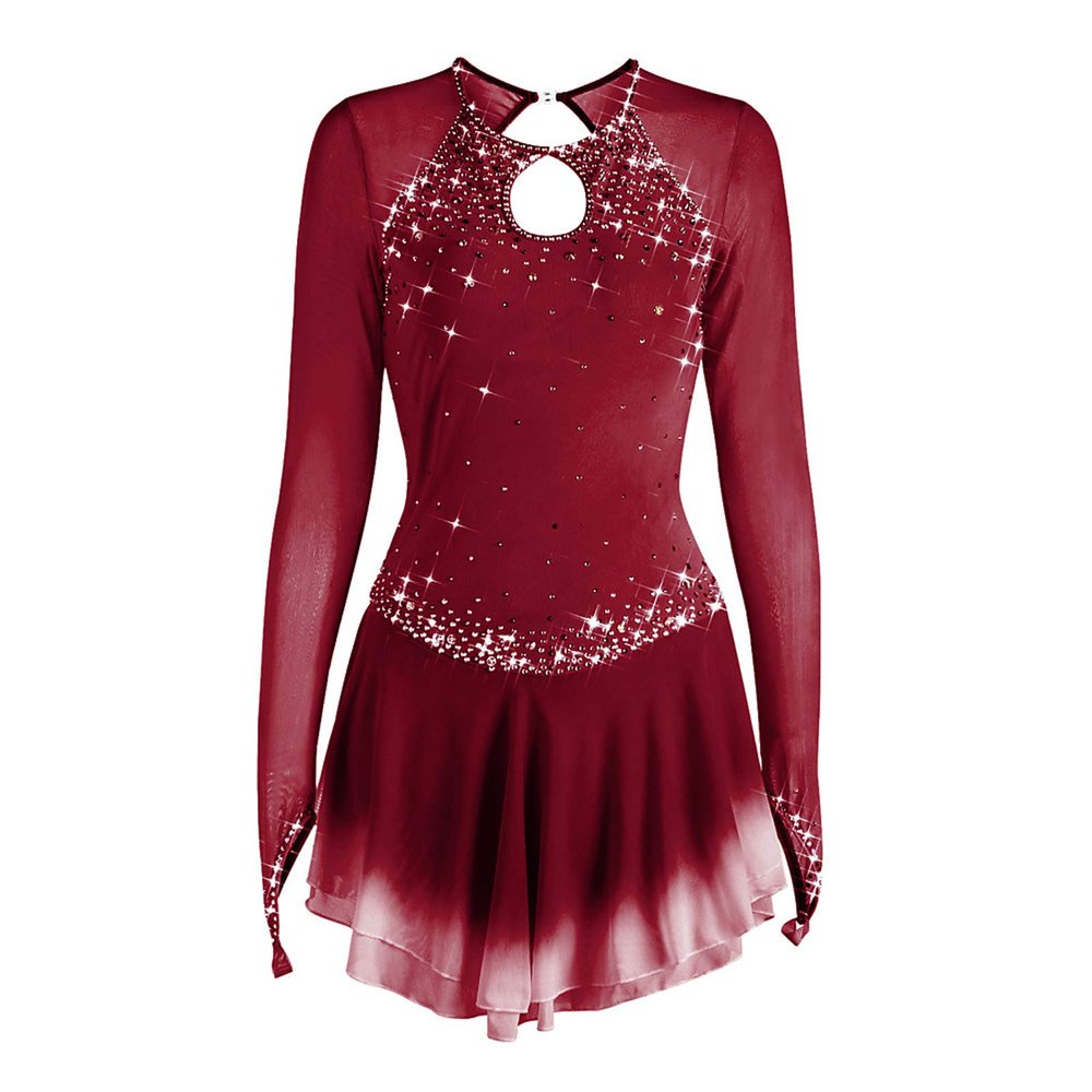 Figure Skating Dress Women Long Sleeve Competition Costume,Dark red,6