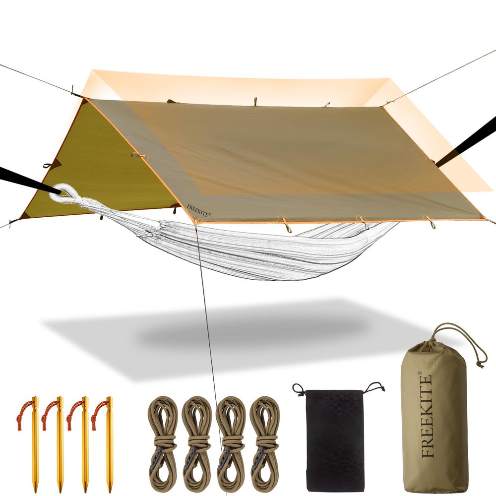 Camping Tarp Tent Portable Multifunctional Bushcraft Backpacking Tear-Resistant Fabric Rain Fly Tarps Awning Shelter Lightweight Waterproof Tarp(1010 tarp)