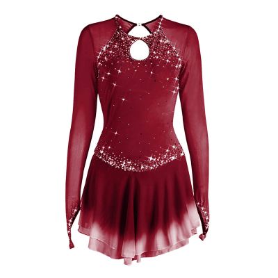 Figure Skating Dress Women Long Sleeve Competition Costume,Dark red,14